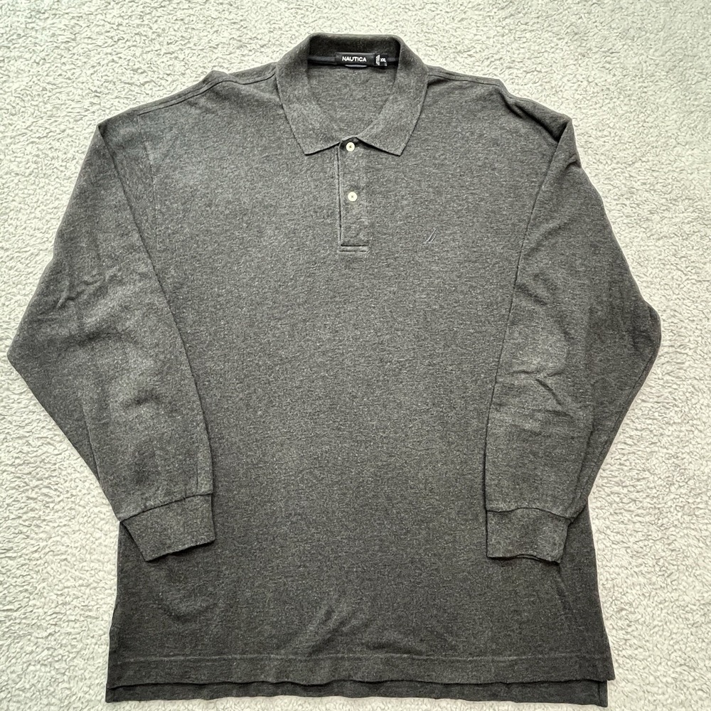 Nautica Long Sleeve Polo Shirt Mens 2XL Gray 100% Cotton Pullover Button Up